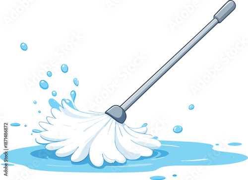 Cheerful Floor Mop Sliding Across Floor Leaving Wet Trail in Playful Cartoon Style Highlighting Cleaning Action, Fun Character, and Whimsical Design
