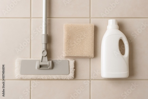 Cleaning mop, cloth, and detergent bottle laying flat on light beige tiled surface, representing tidiness and sanitation