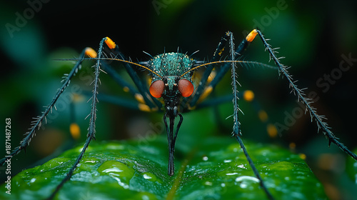 Robber fly with orange compound eyes on green leaf with water droplets, macro insect photography showing detailed anatomy and natural predator behavior
