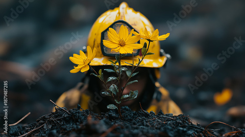 Yellow wildflower growing from burned soil with firefighter in background, environmental recovery and resilience concept after wildfire disaster