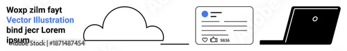 Cloud computing, digital connectivity, data sharing, online workflow, information technology, remote work. Minimal cloud, user interface and laptop icons. Cloud computing and digital connectivity