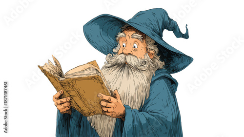 Enchanting Cartoon Old Wizard Holding Book Vector Isolated Outline Illustration