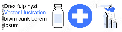 Healthcare, medical services, research, pharmacy business, data analysis, innovation. Blue medical cross, medicine vial person analyzing growth chart with magnifier. Healthcare and medical services