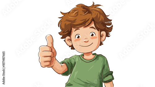 Smiling Cartoon Young Boy Thumbs-Up Vector Illustration Isolated on White Background