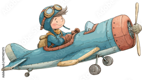 Young Pilot Flying Airplane Cartoon Vector Illustration Isolated with Outline