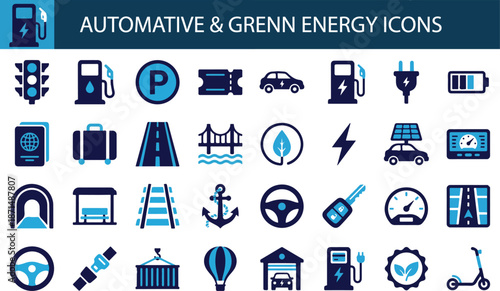 Automotive and green energy solution icon set. Containing electric cars, charging stations, solar panels, battery life, sustainable transport, and traffic control symbols.