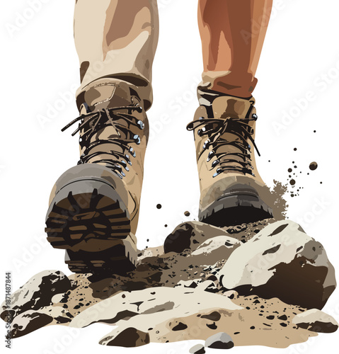 Hiking Boots Stepping onto Rocky Trail with Dynamic Dust Motion Capturing Outdoor Adventure