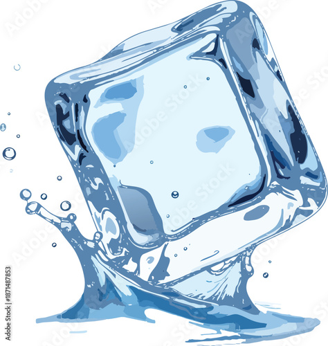 Playful Ice Cube Sliding with a Tiny Expressive Face Character Illustration
