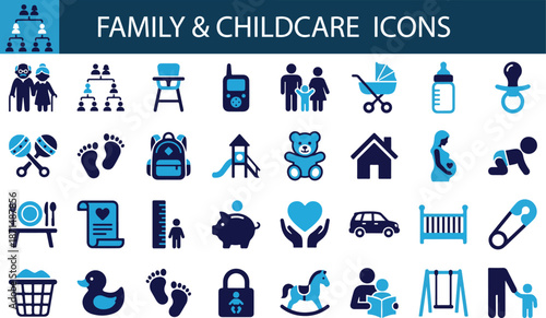 Family and childcare parenting icon set. Featuring baby strollers, toys, pregnancy symbols, and early childhood education.