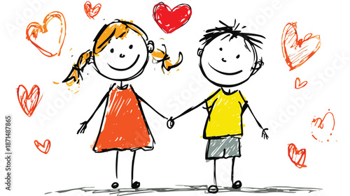 Happy Children Holding Hands in Love on White Background Vector Illustration