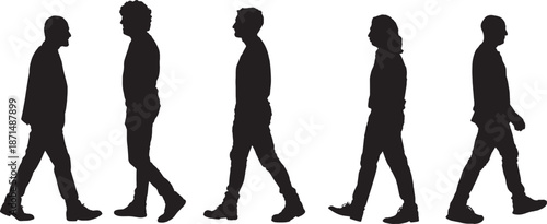 vector,  silhouette of side view of a group  of man walking