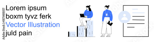 Digital technology, teamwork, online identity, professional communication, data sharing, workplace environments. Two people with a laptop and clipboard, profile icon and text elements. Digital