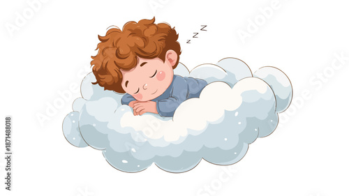 Adorable Cartoon Baby Boy Sleeping on Fluffy Cloud with Outline Illustration
