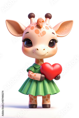 Giraffe holding a red Valentine heart, isolated on white background