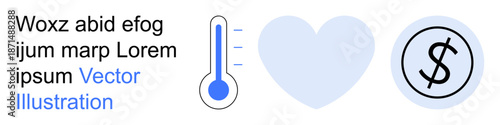 Health care, wellness, financial savings, temperature monitoring, charity, budgeting. Blue thermometer, heart symbol and dollar sign. Health care and financial savings interconnected concept