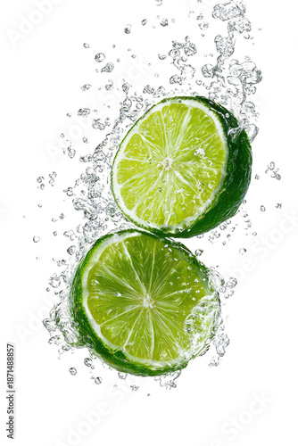Two lime halves in mid-air, surrounded by splashing water and bubbles.  Bright, vibrant lime green fruit.  Clear, effervescent water.  High-key, isolated image