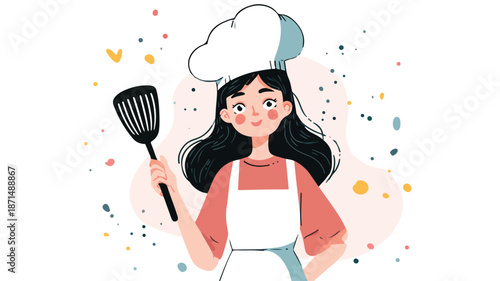 Cute Chef Girl with Spatula Vector Illustration for Design Projects