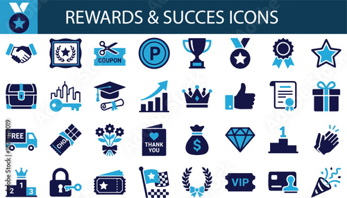 Rewards and success icons. Featuring customer loyalty, career achievements, business growth, and celebratory symbols.