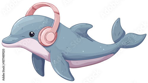 Cute Dolphin Cartoon with Headphone Vector Illustration