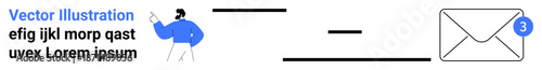 Communication, email alerts, notification system, digital messaging, online correspondence, social engagement. Envelope icon with notification badge and user pointing at text. Communication and email