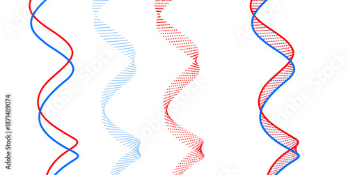 Vector set of DNA double helix structures featuring waves, dotted spirals and ladder patterns on white for genetics, biotechnology, medical science and scientific research concepts.