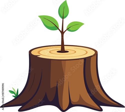 Minimal Tree Stump Illustration with Tiny Sprout Symbolizing Growth, Renewal, and Nature’s Resilience