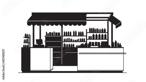 Black Food Cart on White Background with Bottles and Awning