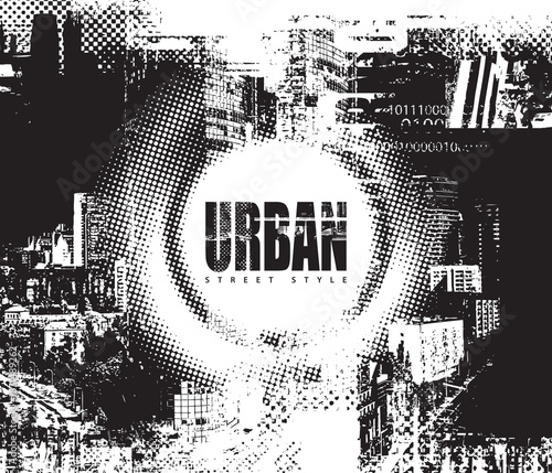 Abstract vector banner on the theme of urbanism, street art, digital technology and photo studios against the background of the architecture of a city, pixels.T-shirt design, poster, logo. 