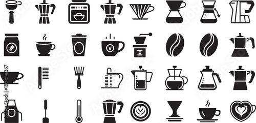 Professional coffee brewing equipment and barista tools icon set. Featuring moka pots, espresso machines, french presses, coffee grinders, latte art, and coffee shop accessories.