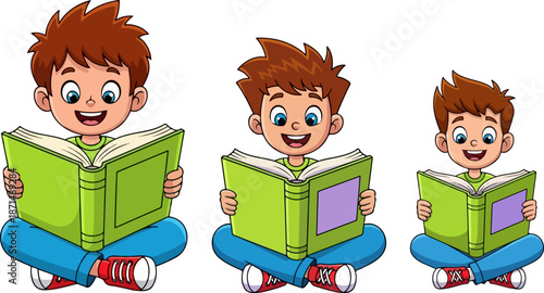 Three cartoon boys of different sizes happily sitting cross legged while engrossed in reading large green books on white background