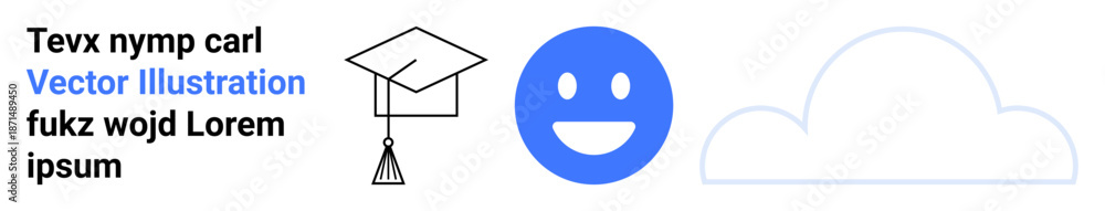 Fototapeta premium Education, design templates, emoticons, digital learning, user interface, cloud storage. Minimal icons of a graduation cap, happy face and cloud with placeholder text. Education and design templates