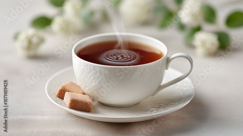 Hot tea in white cup with steam and sugar cubes on saucer, relaxing beverage served with flowers in elegant setting for teatime