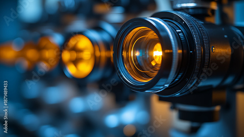 Camera lens with golden reflections and bokeh background, professional cinematography equipment for video production and filmmaking