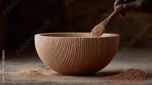 Wooden spoon adding cocoa powder into textured wooden bowl on rustic surface, baking ingredient preparation for chocolate dessert making