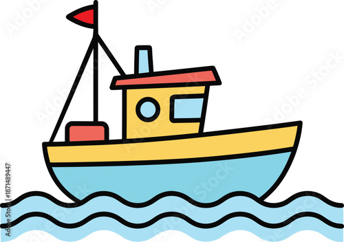 A detailed cartoon fishing boat with a red flag sailing on wavy blue water with a yellow cabin Keywords
