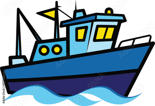 A detailed cartoon of a blue fishing boat with yellow accents sailing on blue waves