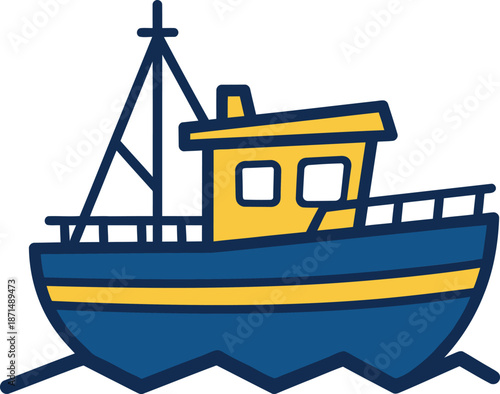 A simple cartoon of a blue and yellow fishing trawler boat sailing on stylized blue waves fishing boat