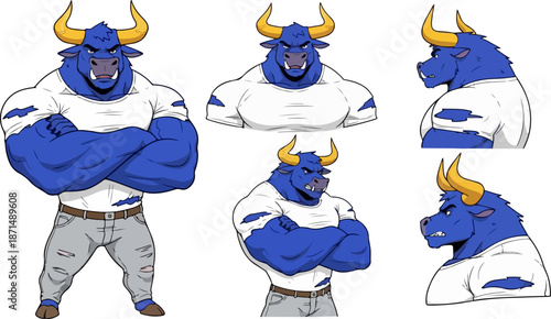 Collection of muscular blue minotaur character design sprites displaying various poses and expressions on white background