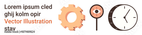 Time management, data analysis, productivity, process optimization, technology, focus. Gear, magnifying glass with eye and clock illustration. Time management and data analysis symbols