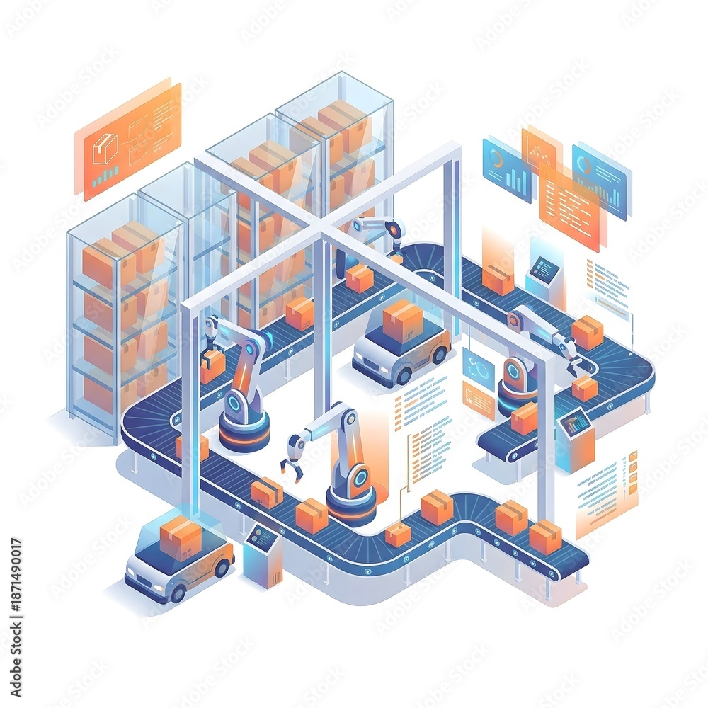 Obraz premium Isometric Automated Warehouse Robotic Conveyor System Vector