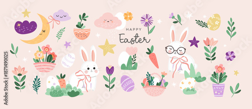 happy Easter set of naive style elements with bunny, eggs, flowers, grass, moon, star, cute vector illustration 