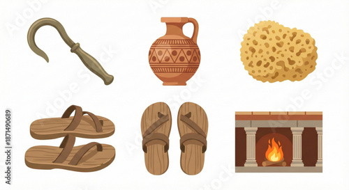 A diverse collection of rustic and traditional objects, featuring ancient tools, natural sponges, comfortable sandals, and a cozy fireplace