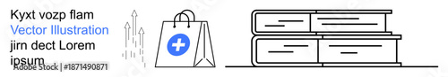 E-commerce, medical learning, vector art, online shopping, education, creative design. Shopping bag with a medical symbol next to stacked books. E-commerce and medical learning concept