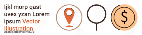 Navigation tools, financial analysis, search technology, location pinpointing, money management, business concepts. Orange pin, magnifying glass and dollar symbol. Navigation tools and financial