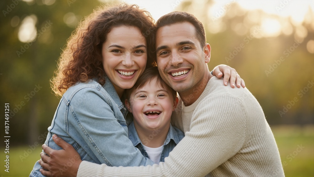 Fototapeta premium Loving parents embracing their happy son with down syndrome. Joyful family portrait outdoors in park