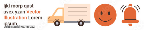 Logistics, emotional expression, notifications, transportation, visual design, communication. Image with a delivery truck, happy face and bell graphic alongside sample text. Logistics and emotional