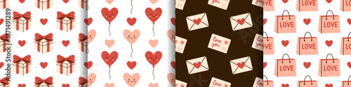 Vector seamless pattern set with gift box, heart, love letter on white, brown background. Romantic valentines day print collection for wrapping paper, textile, fabric, wallpaper, holiday gift design.