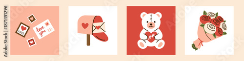 Vector set of cute valentine love icons with postcard and stamp, heart mailbox, teddy bear with heart, rose bouquet. Romantic holiday illustration collection for greeting card, poster and gift design.