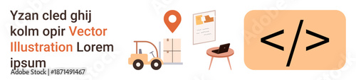 Web development, logistics, e-commerce, workspace, coding, delivery systems. A forklift, map pin workspace and code symbol on a clean layout. Web development and logistics concept