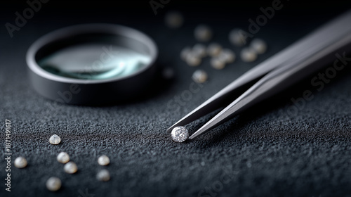 Diamond gemstone held by precision tweezers with magnifying glass and scattered gems, jewelry evaluation and quality assessment concept